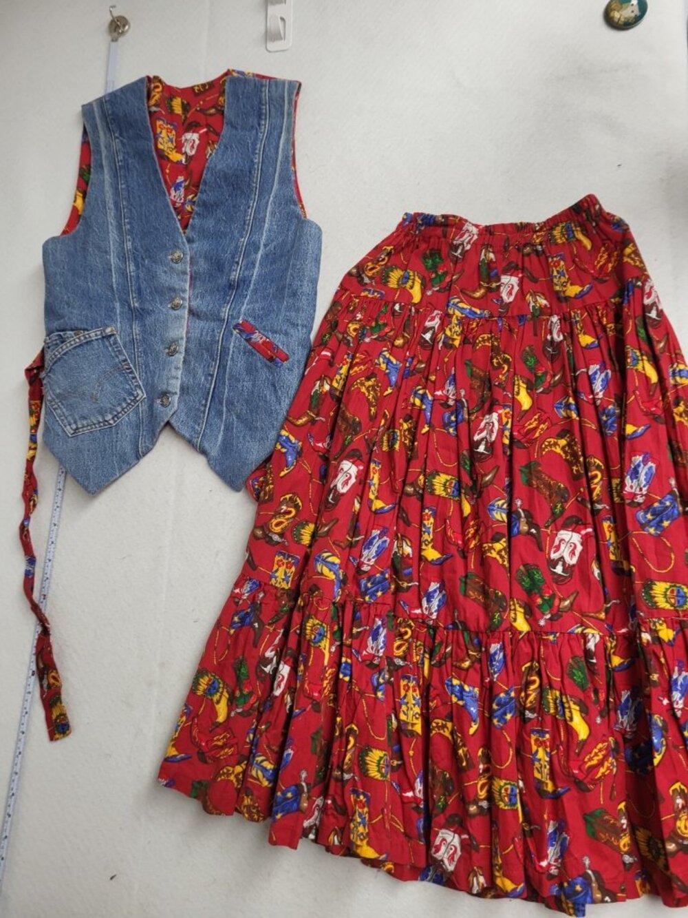 VTG Wester Rodeo Outfit Hand Made Maxi full circle skirt Levis Denim Boot fabric